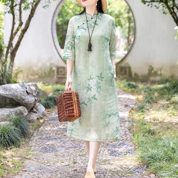棉麻連衣裙女夏季2025新款禪意茶服國風裙子漢服苧麻中式改良旗袍