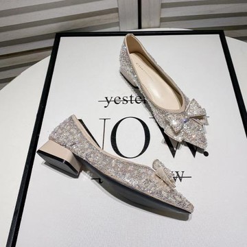 Uncle Jianの水鉆亮片蝴蝶結仙女風單鞋女新款時尚粗跟低跟瓢鞋女