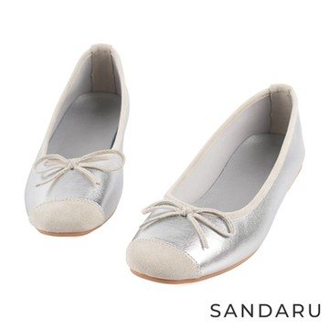 山打努SANDARU-娃娃鞋 優雅方頭緞面蝶結平底鞋-銀