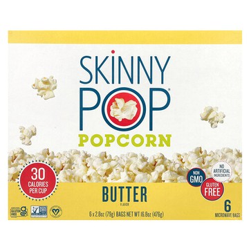 SkinnyPop, 爆米花，黃油香，6 袋，每袋 2.8 盎司（79 克）