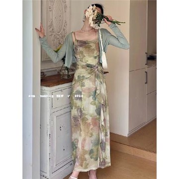 薄款冰絲小衫配網紗吊帶連衣裙套裝碎花裙搭防曬開衫兩件套女夏