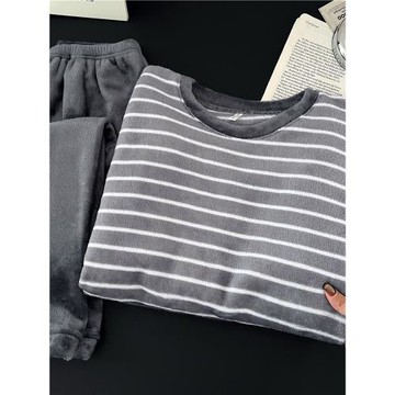 條紋睡衣男士秋冬款珊瑚絨加絨保暖法蘭絨可外穿高級感家居服套裝