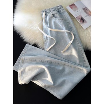 百搭牛仔褲女2026年春秋新款高腰顯瘦直筒小個子松緊腰窄版闊腿褲