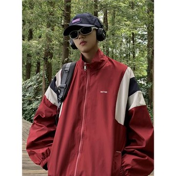 美式復古街頭拼接撞色立領外套男潮高級感休閑運動防風防水沖鋒衣