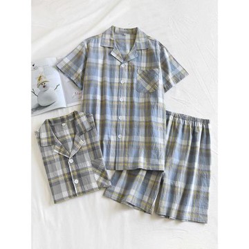 水洗棉睡衣男士夏季純棉短袖薄款夏天全棉格子翻領家居服休閑開衫