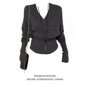 大碼胖MM復古交叉V領長袖針織衫毛衣女秋季收腰顯瘦巨好看上衣