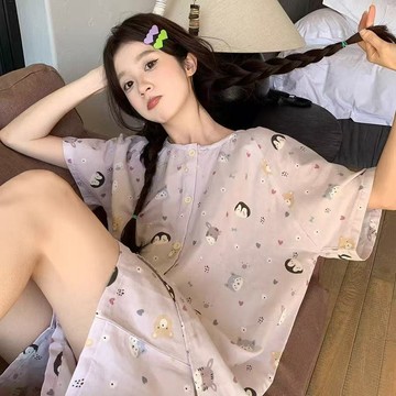 睡衣 可愛 ins風 甜美 小熊 波點 睡衣 套裝女 夏季 圓領 開衫 寬鬆 舒適 親膚 可外穿 家居服 睡衣