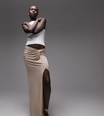 Topshop Tall slinky twist front maxi skirt in stone-Neutral