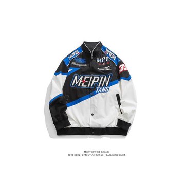 WH先生美式街頭嘻哈刺繡機車服夾克男潮牌寬松情侶休閑痞帥夾克