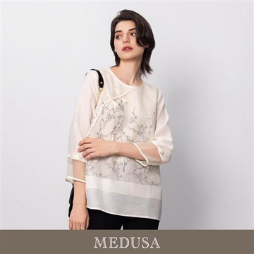 現貨【MEDUSA 曼度莎】米白長版新中式歐根紗上衣（M-XL）｜女長版上衣 絲感上衣