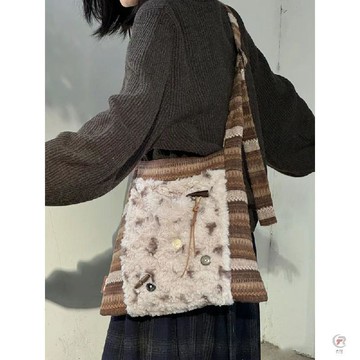 ✨ 卿選好物 ✨2025秋冬新款美拉德毛毛拼接鈕釦托特包百搭單肩斜挎條紋大容量包