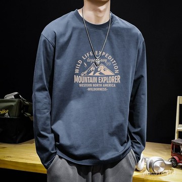 男士长袖T恤夏季纯棉薄款宽松上衣青少年學院風上衣秋季圆领体恤打底衫