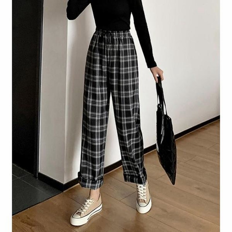 チェックパンツ ワイドパンツ レディース ボトムス ウエストゴム