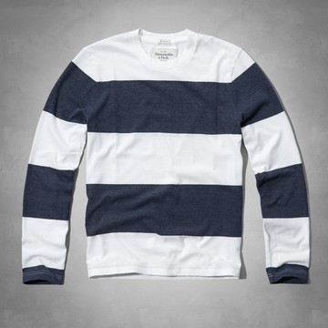 美國百分百【Abercrombie & Fitch】T恤 AF 長袖 T-shirt 麋鹿 條紋 S M 白藍 E323