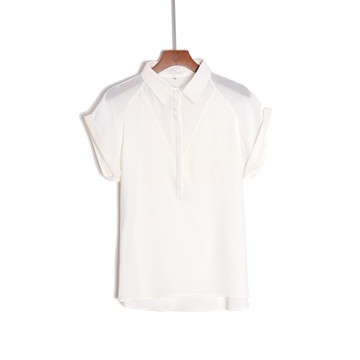 女裝修身通勤文藝短袖Polo領純色拼接襯衫上衣服顯瘦