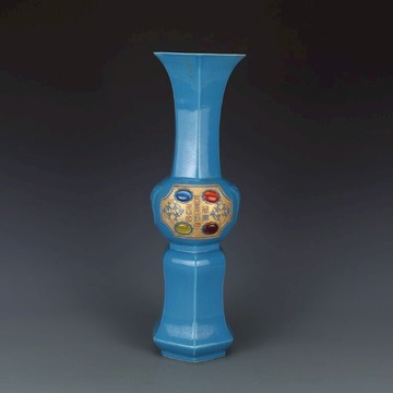 宋柴窯藍釉鑲寶石雙花觚 仿古瓷器古玩古董收藏真品包老保真擺件