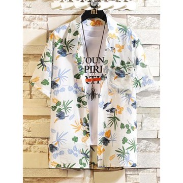 冰絲襯衫男短袖夏季防曬涼感透氣上衣服痞帥外套青少年印花襯衣男