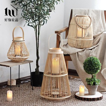 【好物良品】巴厘島南洋風手工竹藝編織落地式裝飾籃吊掛燈 (附LED蠟燭)