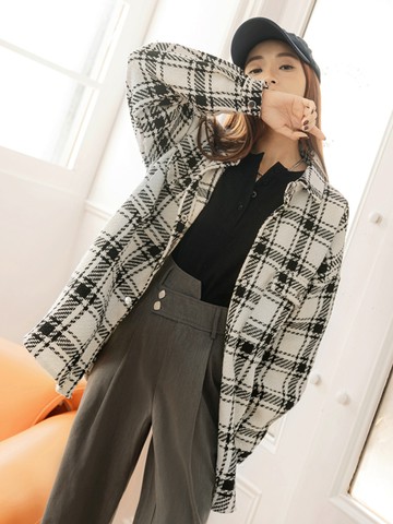 時髦格紋雙口袋落肩長版襯衫外套