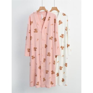 睡裙女士睡衣純棉春秋款春季長袖薄款開衫長款襯衫大碼休閑連衣裙