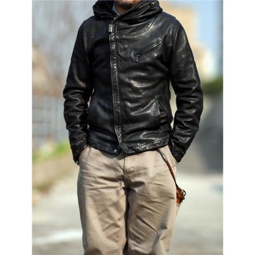 小眾男裝暗黑風水洗做皺連帽無涂水染頭層綿羊皮夾克修身真皮皮衣