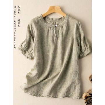 棉麻短袖t恤上衣外貿原單寬松新款洋氣女裝文藝大碼純色亞麻襯衫