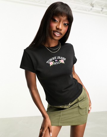 Tommy Jeans baby floral flag short sleeve t-shirt in black