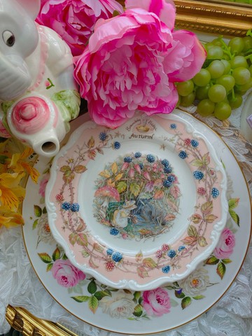 Royal Doulton野薔薇村老鼠搬家四季掛盤紀念盤收藏盤粉紅色秋天