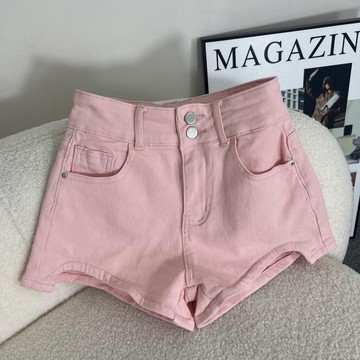 胖胖美依 牛仔短褲 闊腿褲 寬褲 熱帶褲 S-2XL新款設計感粉色牛仔短褲修身顯瘦a字緊身直筒熱褲-9341.