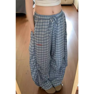 柚里 美式hiphop藍色彎刀傘兵格子褲女夏季設計感嘻哈kpop闊腿運動褲子