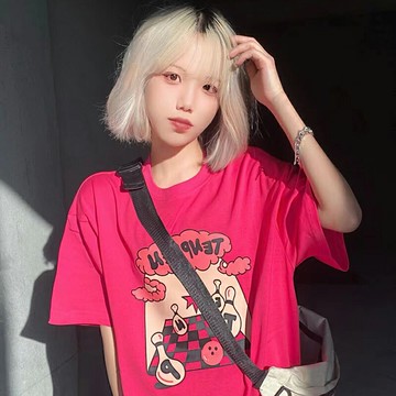 純棉短袖T恤女夏季2022新款寬松美式復古半袖玫紅色潮牌上衣ins潮