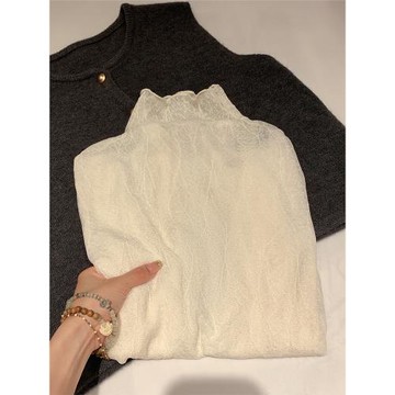 新款木耳邊半高領蕾絲網紗打底衫內搭女秋冬加絨加厚疊穿絕美上衣