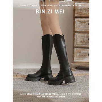 厚底粗跟秋冬加絨顯瘦V口長筒靴