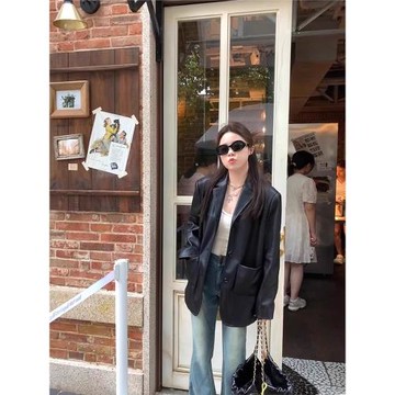 高級感炸街小個子復古西裝皮衣外套2025春秋新款黑色機車皮夾克女