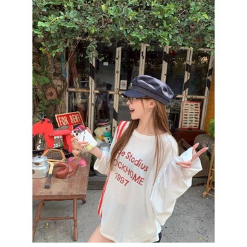 美式復古白色圓領字母印花長袖t恤女春夏季薄款防晒罩衫