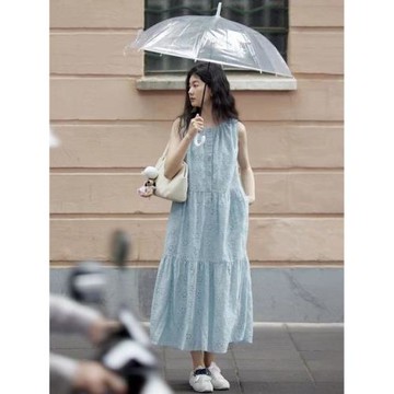 溫柔文藝天絲鉤花鏤空藍背心裙2025夏季女度假長裙韓版寬松連衣裙