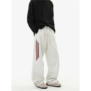 RAVENOASIS新款美式復古條紋運動褲男潮牌寬松休閑褲直筒灰色衛褲