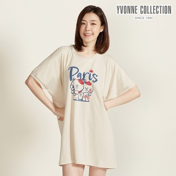 YVONNE 以旺傢飾 好友巴黎網印大T上衣-奶霜杏（LINE FRIENDS）