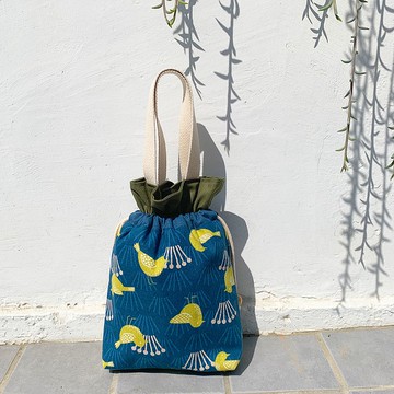 【River】中束口手提袋/日本布料/小鳥/藍