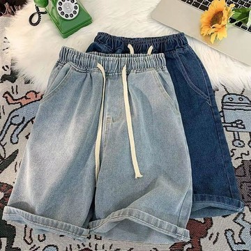JIAN JI鬆緊牛仔短褲夏季高腰寬鬆顯瘦復古闊腿五分褲子男女同款