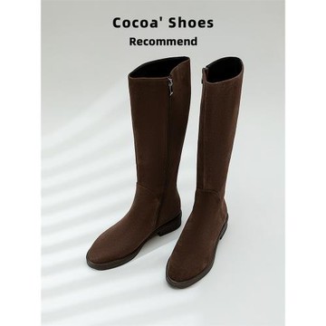 秋冬全真皮磨砂高筒靴女平底顯瘦不過膝長靴粗腿長筒靴加絨瘦瘦靴