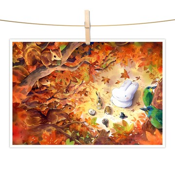 afu水彩插畫明信片 - 樹梢上的聚會