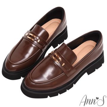 Ann’S素面油皮氣質銀扣-微尖楦顯瘦輕量厚底樂福鞋4cm-咖