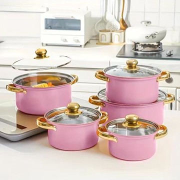 批發跨境套鍋不銹鋼炫彩10件套鍋奶鍋火鍋不銹鋼湯鍋蒸鍋禮品廚具