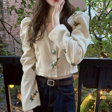 法式小眾刺繡方領燈芯絨襯衫女設計感春秋短款獨特別致泡泡袖上衣