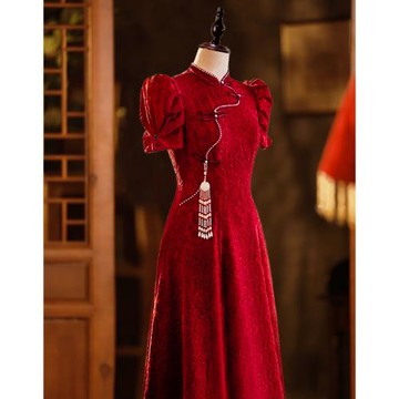 旗袍敬酒服新娘夏季高級感中式紅色訂婚連衣裙回門結婚便裝禮服女