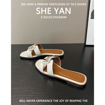 羊皮版~露趾平底時尚一字拖女款2025新款百搭金屬扣一腳蹬涼拖鞋