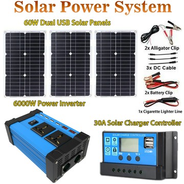 戶外電源 大功率逆變器 車載電瓶轉換 汽車備用電源太陽能板系統組合套裝500W逆變器+60W太陽能板+30A控制器智能戶外