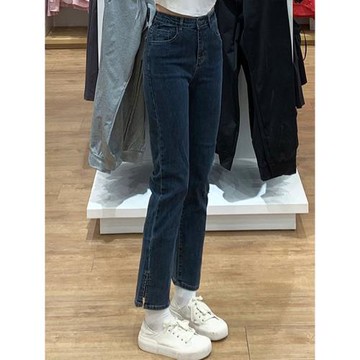 開叉直筒牛仔褲女秋冬2022新款設計感高腰小個子顯瘦九分煙管褲子