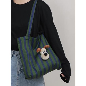 原創設計ins韓國復古綠條紋百搭單肩包初秋新款大容量通勤托特包